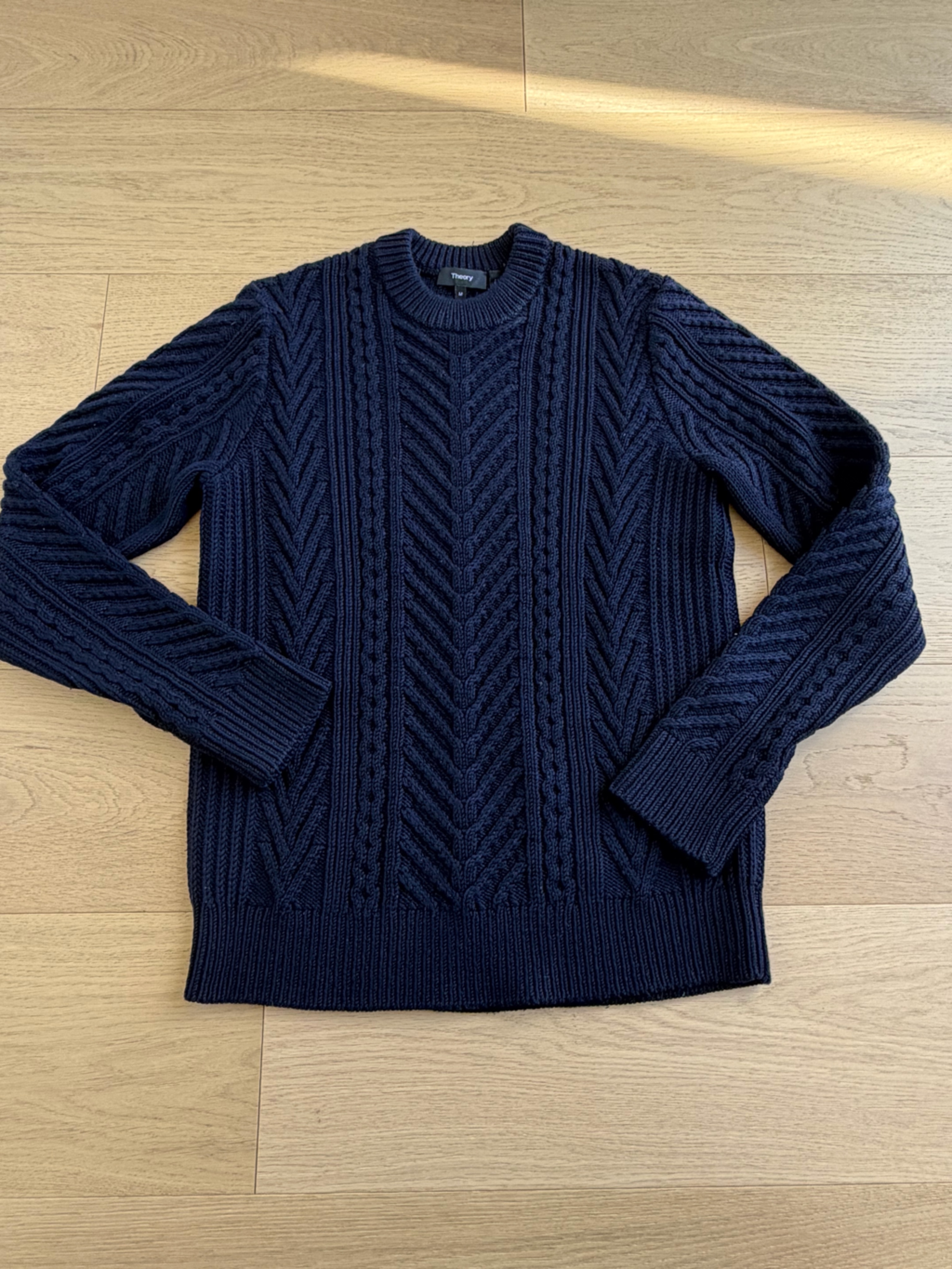 Theory Navy Chunky Cable-Knit Crewneck Sweater 100% Soft Merino Wool